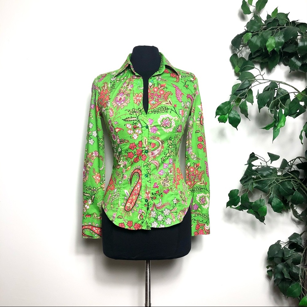 Etro Green Floral Cotton Button Up Blouse Women’s 38 - US Size Small
